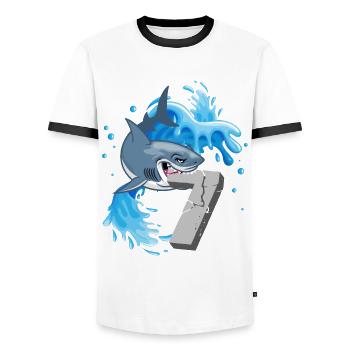 Fête thématique du 7e anniversaire des Requins sept ans - T-shirt contrasté Homme - blanc/noir - Devant - AI Model Female 172 light (172cm) & AI Model Male 178 dark (178cm)