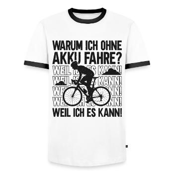 Warum ohne Akku - Radsport lustiger Fahrrad Spruch - Männer Kontrast-T-Shirt - Weiß/Schwarz - Vorne - AI Model Female 172 light (172cm) & AI Model Male 178 dark (178cm)