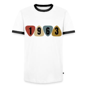 Born 1963 guitarist guitar pick - Men's Ringer Shirt - white/black - Front - AI Model Female 172 light (172cm) & AI Model Male 178 dark (178cm)
