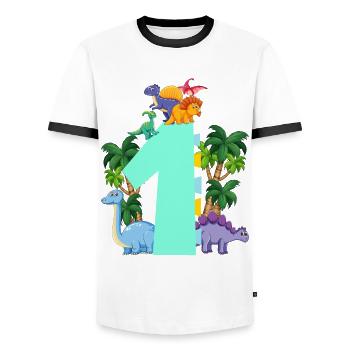 Dinosaurier 1 Jahre Alt 1. Geburtstag Party - Männer Kontrast-T-Shirt - Weiß/Schwarz - Vorne - AI Model Female 172 light (172cm) & AI Model Male 178 dark (178cm)
