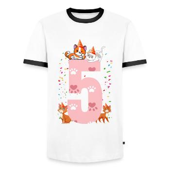 5. Cat Birthday Celebrant 5 years old - Men's Ringer Shirt - white/black - Front - AI Model Female 172 light (172cm) & AI Model Male 178 dark (178cm)