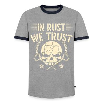 In Rust we rely on Blacksmith Bladesmith - Men's Ringer Shirt - grey/navy  - Front - AI Model Female 172 light (172cm) & AI Model Male 178 light (178cm)