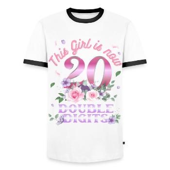 This girl is now 20 double digit 20. - Men's Ringer Shirt - white/black - Front - AI Model Female 172 light (172cm) & AI Model Male 178 dark (178cm)