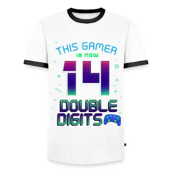 This Gamer Is Now 14 Double Digit 14. - Men's Ringer Shirt - white/black - Front - AI Model Female 172 light (172cm) & AI Model Male 178 dark (178cm)