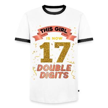 Cette fille a maintenant 17 ans à deux chiffres 17. - T-shirt contrasté Homme - blanc/noir - Devant - AI Model Female 172 light (172cm) & AI Model Male 178 dark (178cm)