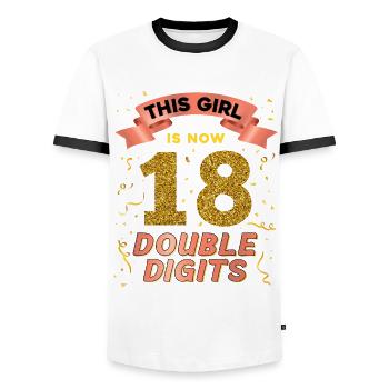 This girl is now 18 double digit 18. - Men's Ringer Shirt - white/black - Front - AI Model Female 172 light (172cm) & AI Model Male 178 dark (178cm)