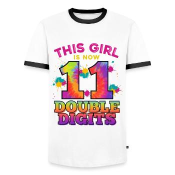 This Girl Is Now 11 Double Digits 11. - Men's Ringer Shirt - white/black - Front - AI Model Female 172 light (172cm) & AI Model Male 178 dark (178cm)