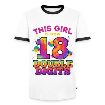 This girl is now 18 double digit 18. - Men's Ringer Shirt - white/black - Front - AI Model Female 172 light (172cm) & AI Model Male 178 dark (178cm)