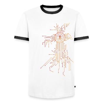 Cryptocurrency Bitcoin Blockchain Miners Clothing - Men's Ringer Shirt - white/black - Front - AI Model Female 172 light (172cm) & AI Model Male 178 dark (178cm)