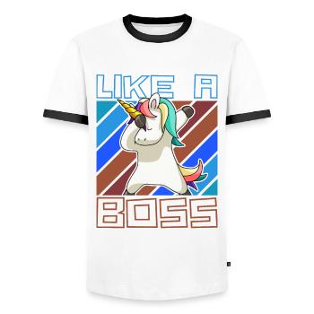 Comme un patron - Drôle de licorne Dabbing Saying - T-shirt contrasté Homme - blanc/noir - Devant - AI Model Female 172 light (172cm) & AI Model Male 178 dark (178cm)