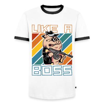 Like a Boss Funny Mafia Pig Cartoon Saying - Men's Ringer Shirt - white/black - Front - AI Model Female 172 light (172cm) & AI Model Male 178 dark (178cm)