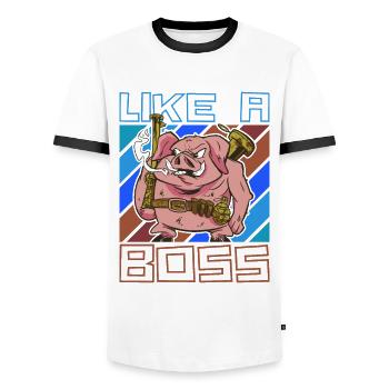 Like a Boss Funny Pig Ready for Battle - Men's Ringer Shirt - white/black - Front - AI Model Female 172 light (172cm) & AI Model Male 178 dark (178cm)