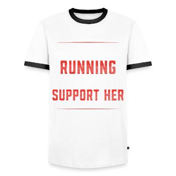 My wife is running and I support her with - Men's Ringer Shirt - white/black - Front - AI Model Female 172 light (172cm) & AI Model Male 178 dark (178cm)