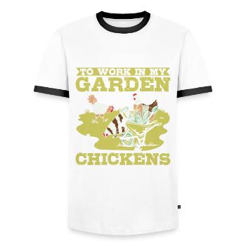 Travailler dans mon jardin Les poulets traînent avec moi Hühner - T-shirt contrasté Homme - blanc/noir - Devant - AI Model Female 172 light (172cm) & AI Model Male 178 dark (178cm)