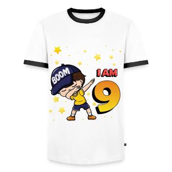 Boom I'm 9 | Birthday Boy | 9th Birthday Party - Men's Ringer Shirt - white/black - Front - AI Model Female 172 light (172cm) & AI Model Male 178 dark (178cm)