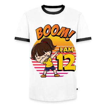 Boom I'm 12 | Birthday Girl | 12th Birthday Party - Men's Ringer Shirt - white/black - Front - AI Model Female 172 light (172cm) & AI Model Male 178 dark (178cm)