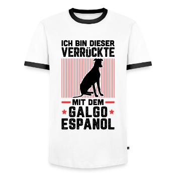 Ich bin der Verrückte mit dem Galgo Espanol - Männer Kontrast-T-Shirt - Weiß/Schwarz - Vorne - AI Model Female 172 light (172cm) & AI Model Male 178 dark (178cm)