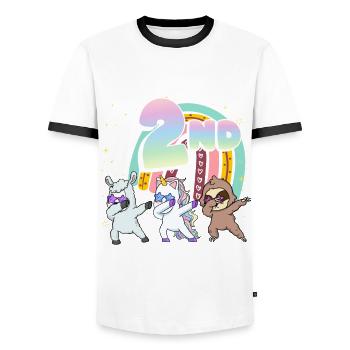 2nd Birthday Dabbing Llama Unicorn Sloth | 2nd - Men's Ringer Shirt - white/black - Front - AI Model Female 172 light (172cm) & AI Model Male 178 dark (178cm)