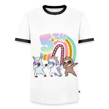 5th Birthday Dabbing Llama Einhorn Faultier | 5th - Männer Kontrast-T-Shirt - Weiß/Schwarz - Vorne - AI Model Female 172 light (172cm) & AI Model Male 178 dark (178cm)