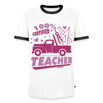 100% Certified Teacher - Men's Ringer Shirt - white/black - Front - AI Model Female 172 light (172cm) & AI Model Male 178 dark (178cm)