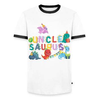 Uncle Saurus | Rawr Dinosaur Tshirt | Family - Men's Ringer Shirt - white/black - Front - AI Model Female 172 light (172cm) & AI Model Male 178 dark (178cm)