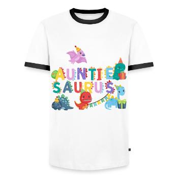 Aunt Saurus | Rawr Dinosaur Tshirt | Family - Men's Ringer Shirt - white/black - Front - AI Model Female 172 light (172cm) & AI Model Male 178 dark (178cm)