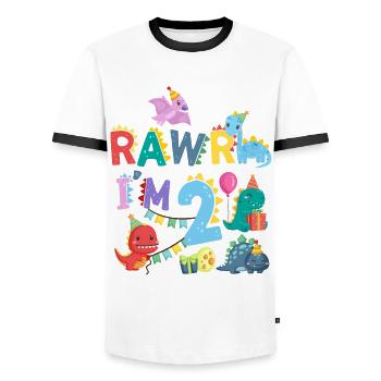 Rawr Ich Bin 2 | Rawr Dinosaurier | 2. Geburtstag - Männer Kontrast-T-Shirt - Weiß/Schwarz - Vorne - AI Model Female 172 light (172cm) & AI Model Male 178 dark (178cm)
