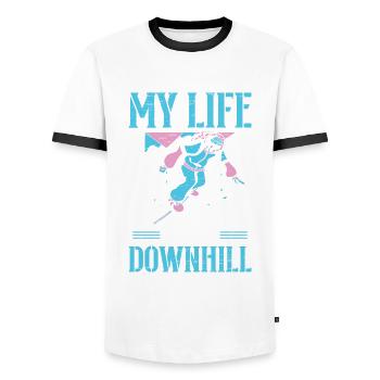 My Life Is Going Downhill Winter Sport Snowboarder - Men's Ringer Shirt - white/black - Front - AI Model Female 172 light (172cm) & AI Model Male 178 dark (178cm)