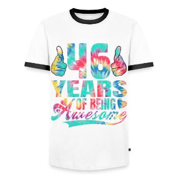 46th birthday or anniversary 46 years of being - Men's Ringer Shirt - white/black - Front - AI Model Female 172 light (172cm) & AI Model Male 178 dark (178cm)