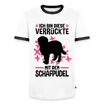 Verrückte mit Schafpudel zotthaariger Hütepudel - Männer Kontrast-T-Shirt - Weiß/Schwarz - Vorne - AI Model Female 172 light (172cm) & AI Model Male 178 dark (178cm)