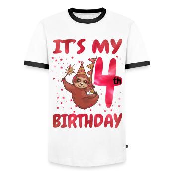 4th Birthday Cute Sloth Party Hat - Men's Ringer Shirt - white/black - Front - AI Model Female 172 light (172cm) & AI Model Male 178 dark (178cm)