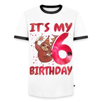 6th Birthday Cute Sloth Party Hat - Men's Ringer Shirt - white/black - Front - AI Model Female 172 light (172cm) & AI Model Male 178 dark (178cm)
