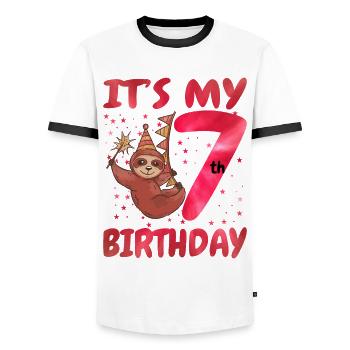 7th Birthday Cute Sloth Party Hut Themed Birthday - Männer Kontrast-T-Shirt - Weiß/Schwarz - Vorne - AI Model Female 172 light (172cm) & AI Model Male 178 dark (178cm)