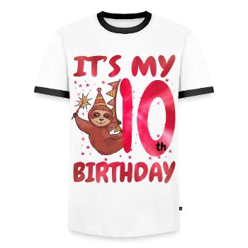10th Birthday Cute Sloth Party Hat - Men's Ringer Shirt - white/black - Front - AI Model Female 172 light (172cm) & AI Model Male 178 dark (178cm)