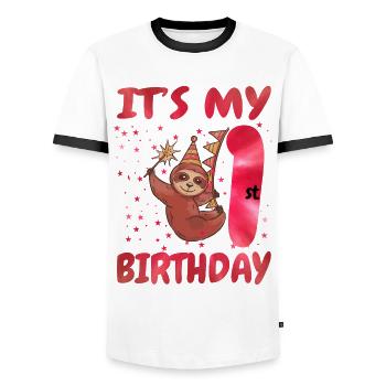 1st Birthday Cute Sloth Party Hut Themed Birthday - Männer Kontrast-T-Shirt - Weiß/Schwarz - Vorne - AI Model Female 172 light (172cm) & AI Model Male 178 dark (178cm)