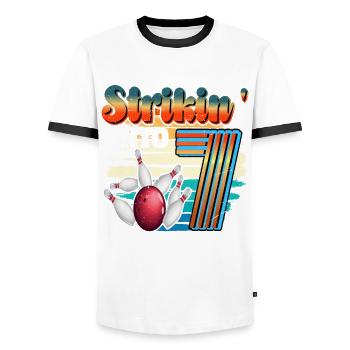 Strikin' Into 7 Bowling Bowler Feier Zum 7. - Männer Kontrast-T-Shirt - Weiß/Schwarz - Vorne - AI Model Female 172 light (172cm) & AI Model Male 178 dark (178cm)