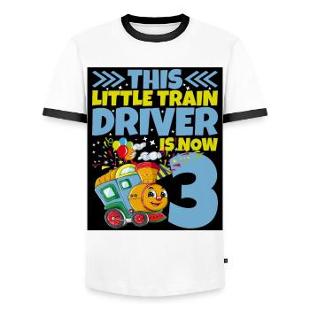 3ème anniversaire ce petit conducteur de train a maintenant 3 ans - T-shirt contrasté Homme - blanc/noir - Devant - AI Model Female 172 light (172cm) & AI Model Male 178 dark (178cm)
