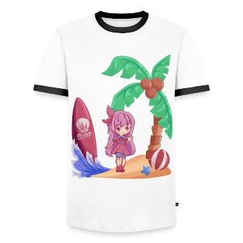 Surfing Manga Anime Manga Island Holiday - Men's Ringer Shirt - white/black - Front - AI Model Female 172 light (172cm) & AI Model Male 178 dark (178cm)