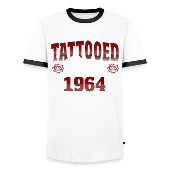 Tattooed Since 1964 Red Rose Theme - Men's Ringer Shirt - white/black - Front - AI Model Female 172 light (172cm) & AI Model Male 178 dark (178cm)