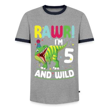 Dinosaur 5 years old 5th birthday party - Men's Ringer Shirt - grey/navy  - Front - AI Model Female 172 light (172cm) & AI Model Male 178 light (178cm)