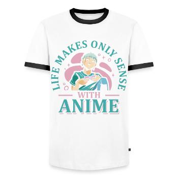 Life Only Makes Sense Anime | Anime lovers - Men's Ringer Shirt - white/black - Front - AI Model Female 172 light (172cm) & AI Model Male 178 dark (178cm)