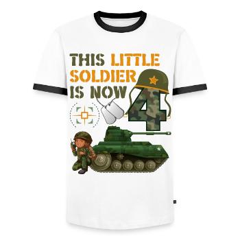 This little soldier is now 4 Army Tank 4. - Men's Ringer Shirt - white/black - Front - AI Model Female 172 light (172cm) & AI Model Male 178 dark (178cm)