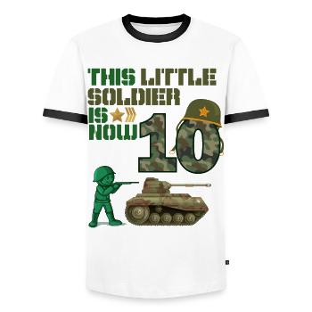 This little soldier is now 10 Army Tank 10. - Men's Ringer Shirt - white/black - Front - AI Model Female 172 light (172cm) & AI Model Male 178 dark (178cm)