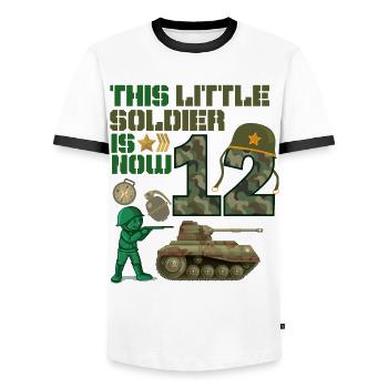 This little soldier is now 12 Army Tank 12. - Men's Ringer Shirt - white/black - Front - AI Model Female 172 light (172cm) & AI Model Male 178 dark (178cm)