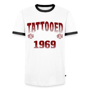 Tattooed Since 1969 Red Rose Theme Tattoo Ink - Men's Ringer Shirt - white/black - Front - AI Model Female 172 light (172cm) & AI Model Male 178 dark (178cm)