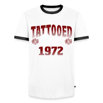 Tattooed Since 1972 Red Rose Theme Tattoo Ink - Men's Ringer Shirt - white/black - Front - AI Model Female 172 light (172cm) & AI Model Male 178 dark (178cm)