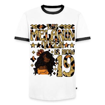 Cette reine de mélanine a maintenant 19 ans de noir - T-shirt contrasté Homme - blanc/noir - Devant - AI Model Female 172 light (172cm) & AI Model Male 178 dark (178cm)