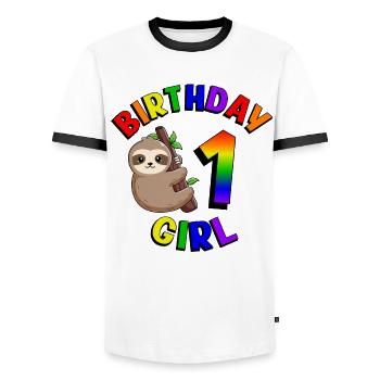 Anniversaire 1 Fille Mignon Bébé Paresseux - T-shirt contrasté Homme - blanc/noir - Devant - AI Model Female 172 light (172cm) & AI Model Male 178 dark (178cm)