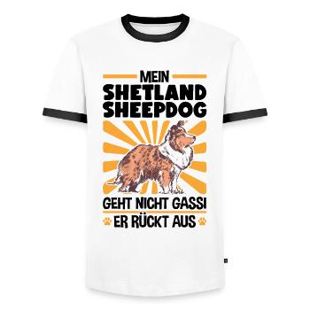 Shetland Sheepdog Gassi gehen Sheltie - Männer Kontrast-T-Shirt - Weiß/Schwarz - Vorne - AI Model Female 172 light (172cm) & AI Model Male 178 dark (178cm)