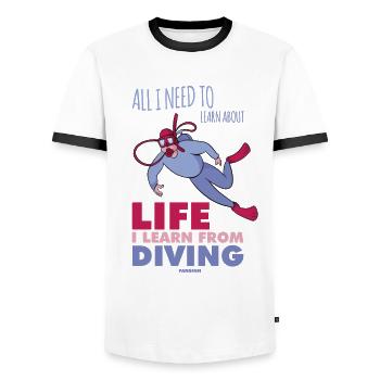 All I Need To Learn About Life Diving - Männer Kontrast-T-Shirt - Weiß/Schwarz - Vorne - AI Model Female 172 light (172cm) & AI Model Male 178 dark (178cm)